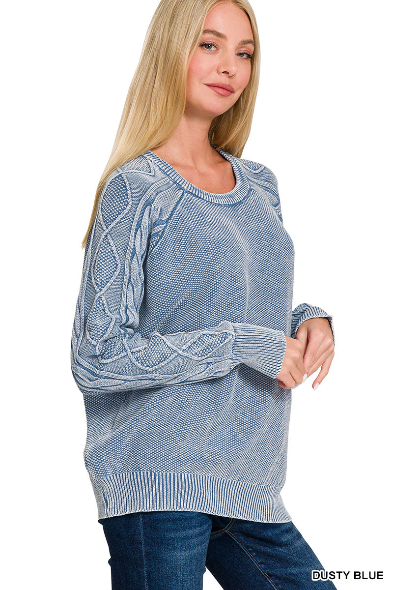 Stone washed cable-sleeve crewneck sweater