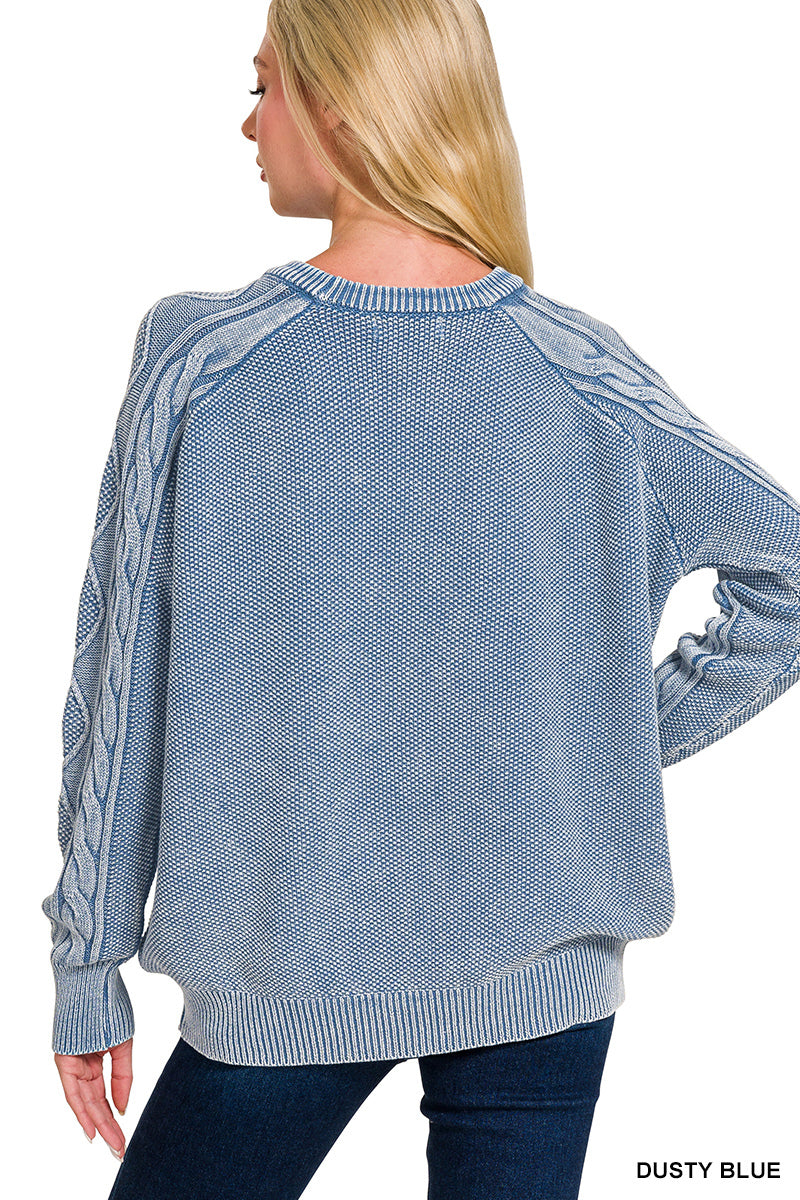 Stone washed cable-sleeve crewneck sweater