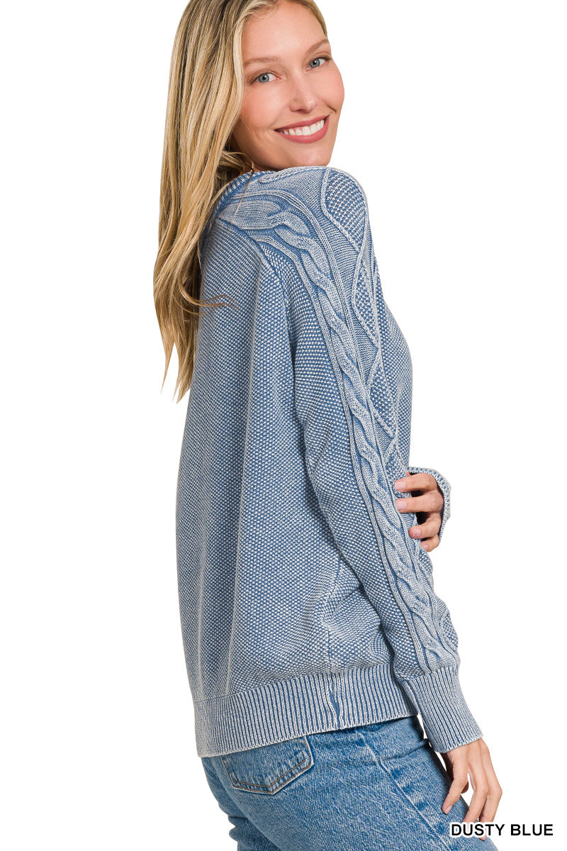 Stone washed cable-sleeve crewneck sweater