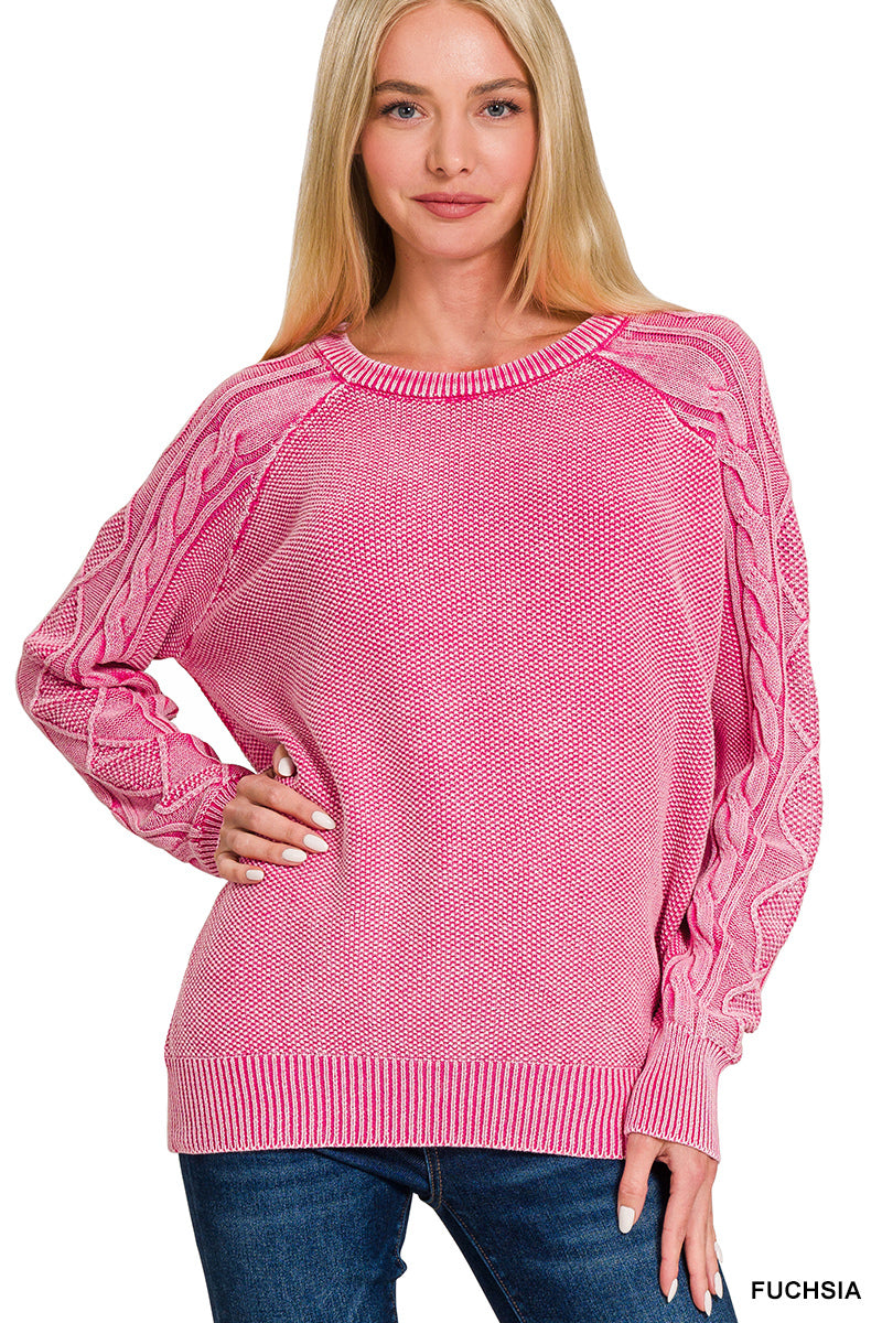 Stone washed cable-sleeve crewneck sweater