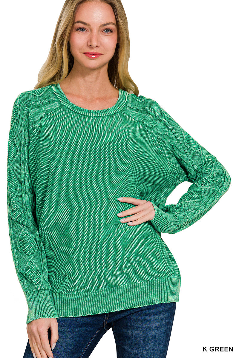 Stone washed cable-sleeve crewneck sweater