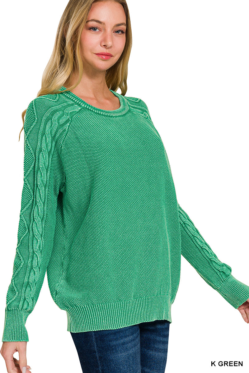 Stone washed cable-sleeve crewneck sweater