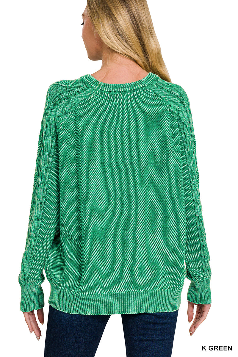 Stone washed cable-sleeve crewneck sweater