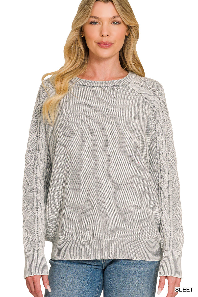 Stone washed cable-sleeve crewneck sweater