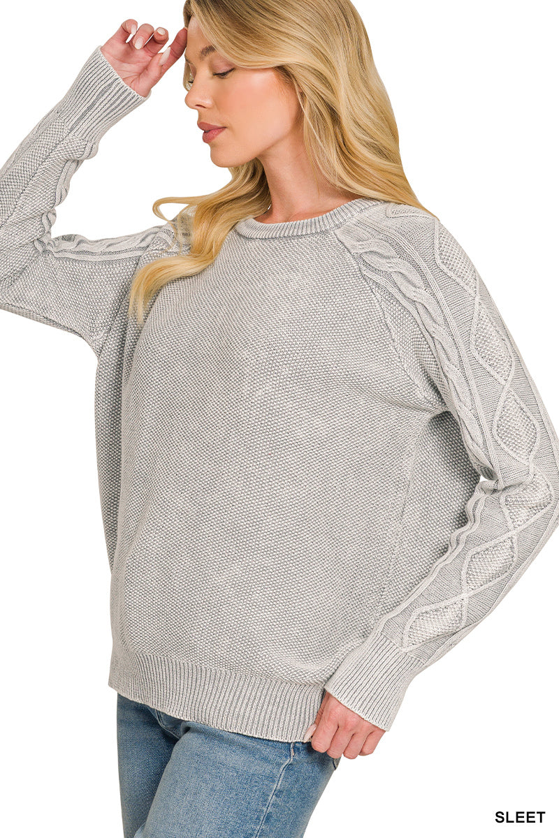 Stone washed cable-sleeve crewneck sweater