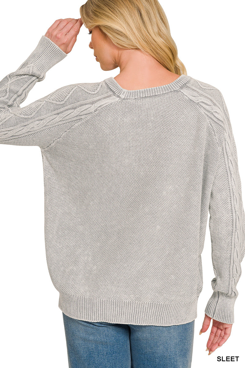 Stone washed cable-sleeve crewneck sweater