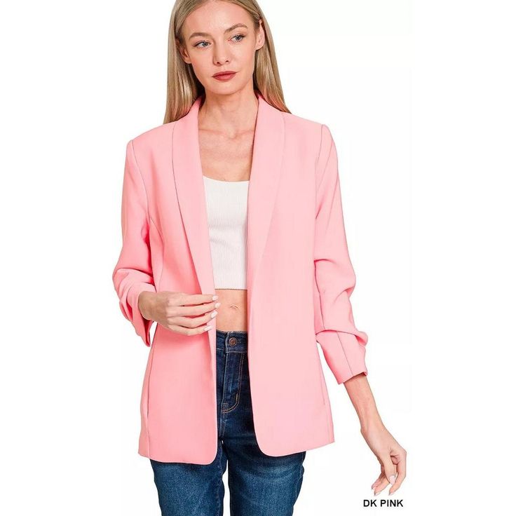 Zenana Woven 3/4 Ruched Sleeve Open Front Classic Blazer