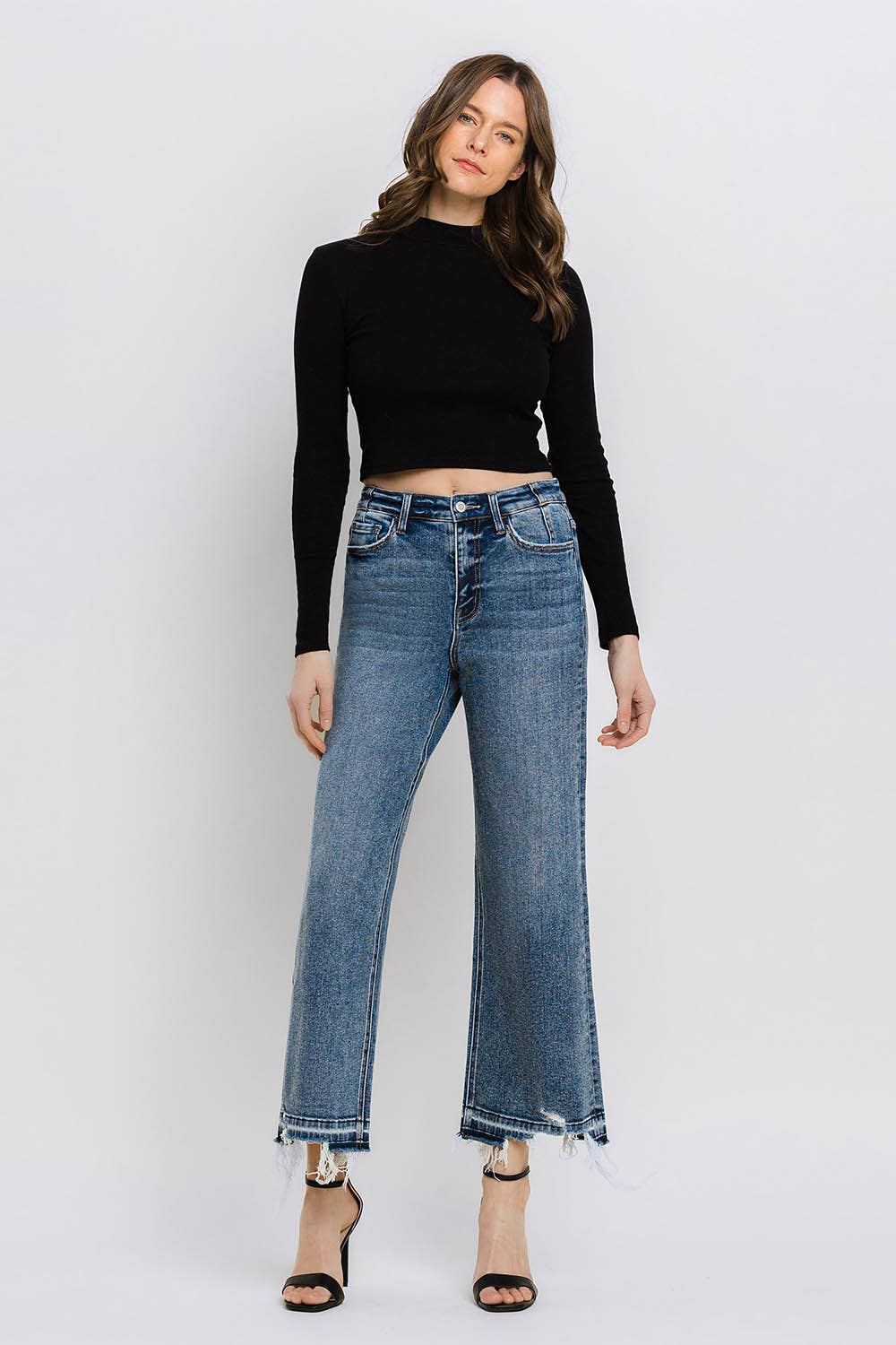 SUPER HIGH RISE UNEVEN RAW HEM CROP WIDE JEANS F5426