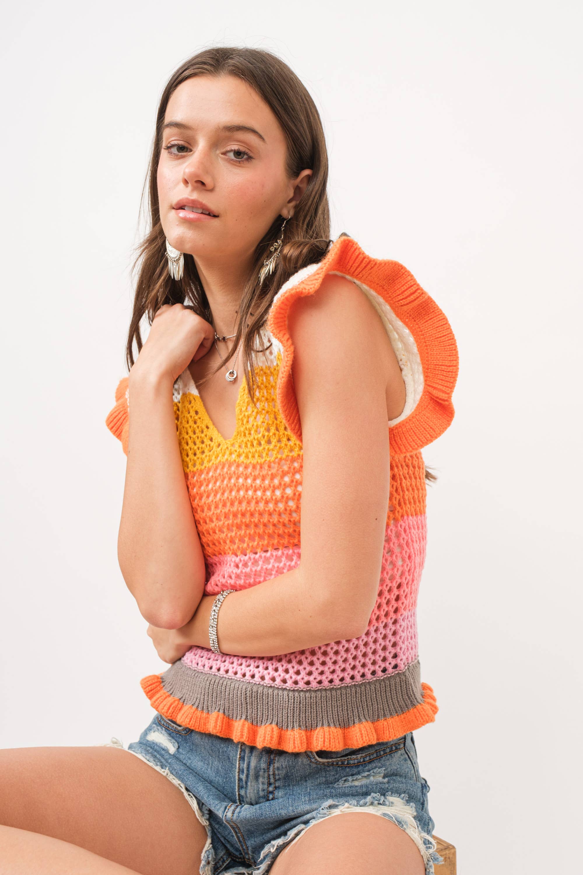 Crochet Knitted Multi Stripe Ruffle SLV Sweater Top