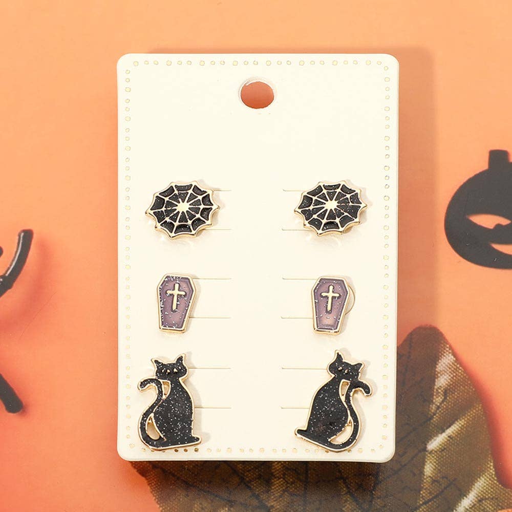 3Pairs - Halloween Black Cat Spider Web Coffin Stud Earring Set