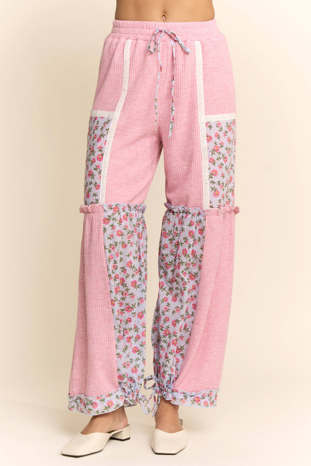 WAFFLE KNIT FLOWER PRINT LACE ELASTIC WAIST PANT