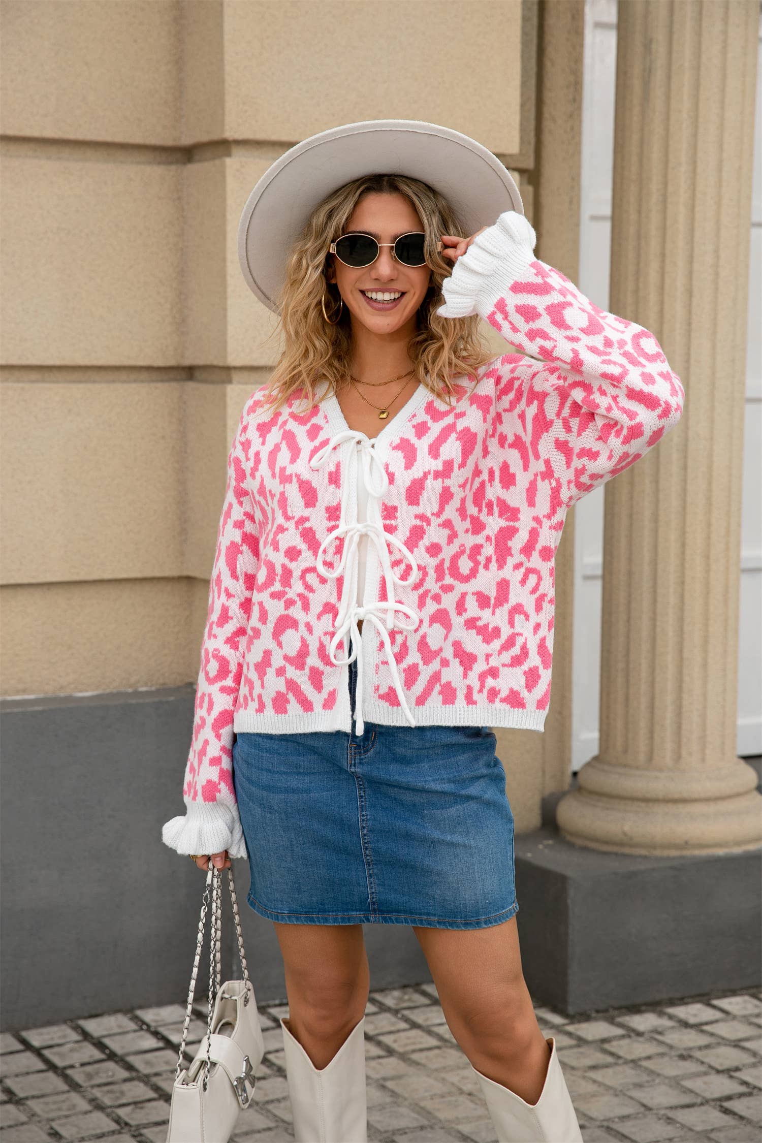 Leopard Knit Cropped Bow Cardigan