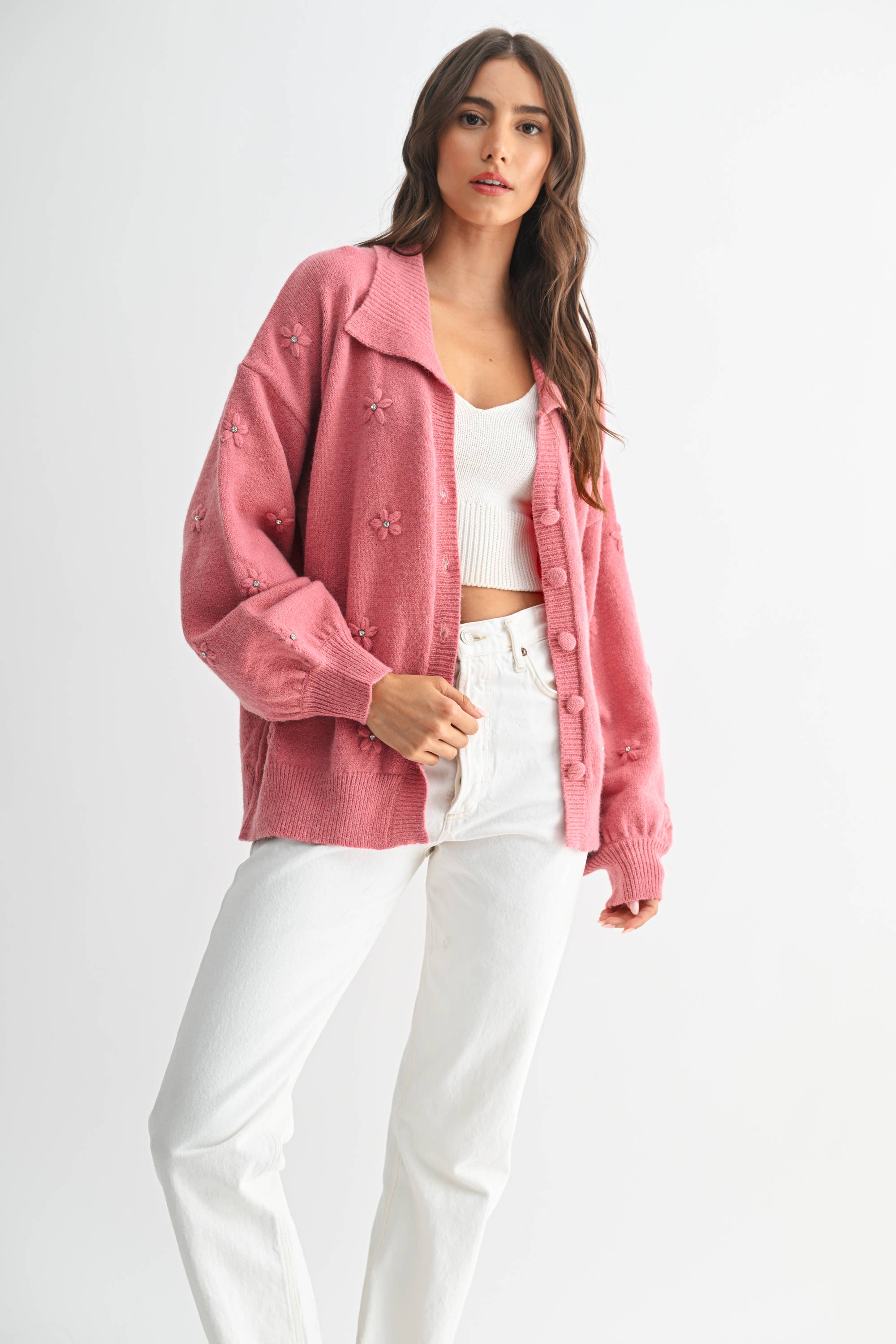COZY PASTEL CARDGIAN WITH FLORAL EMBELLISHMENTS