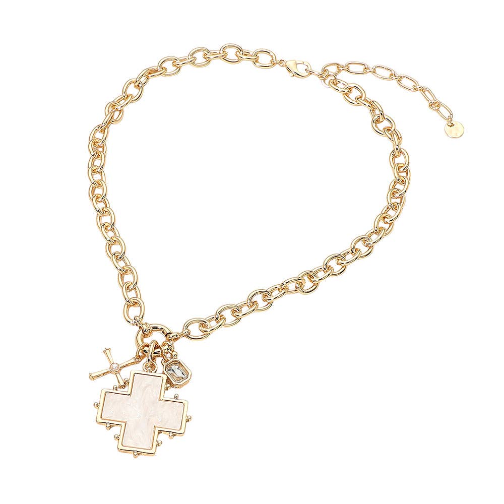 Bold Cross Rectangular Stone Frame Charm Pendant Chunky Chain Necklace