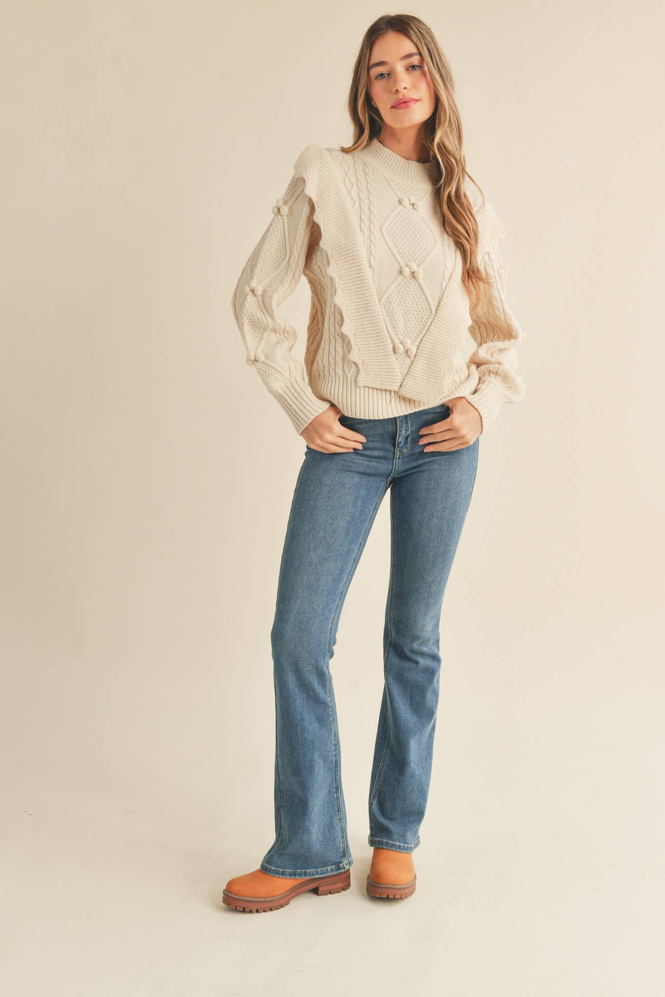 MOCK NECK CABLE KNIT PULLOVER WITH POM
