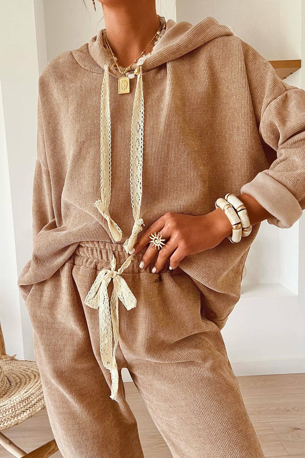 Parchment Leopard Drawstring Pullover Hoodie and High Waist Pants Corduroy Suit