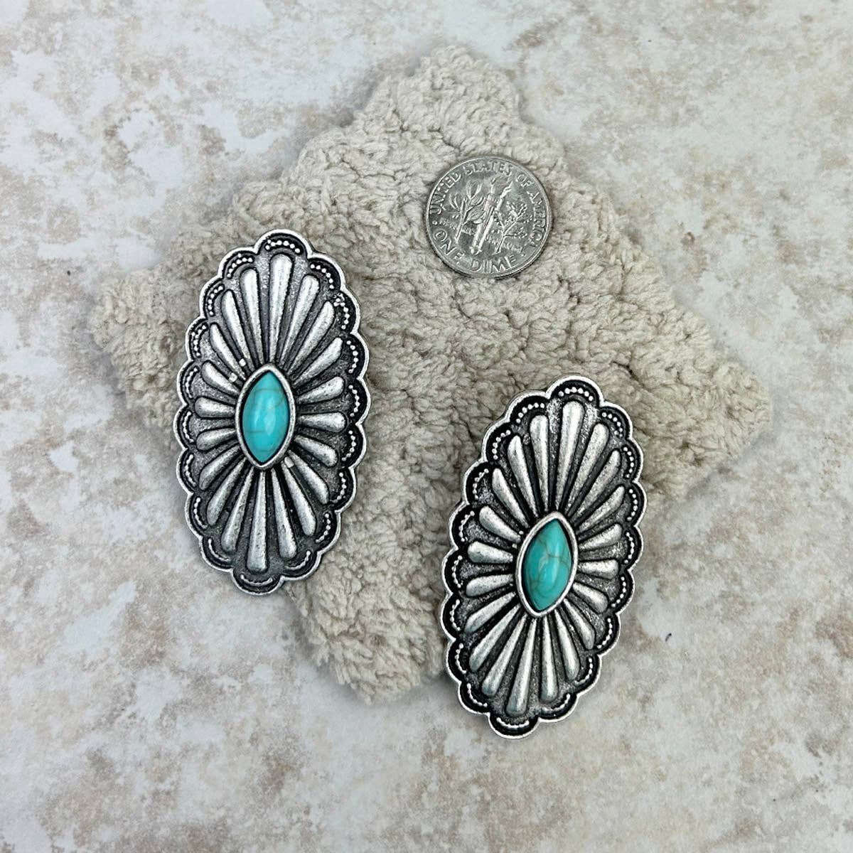 Silver with blue turquoise stone oval concho Earrings