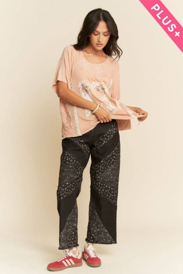 PLUS WIDE OPENING DENIM FLORAL AND PAISLEY PRINT