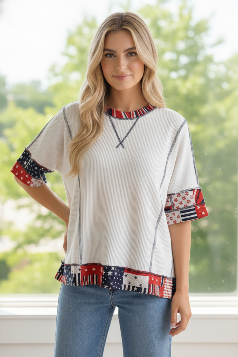 PLUS OVERSIZED PATRIOTIC COLOR BLOCK KNIT TOP