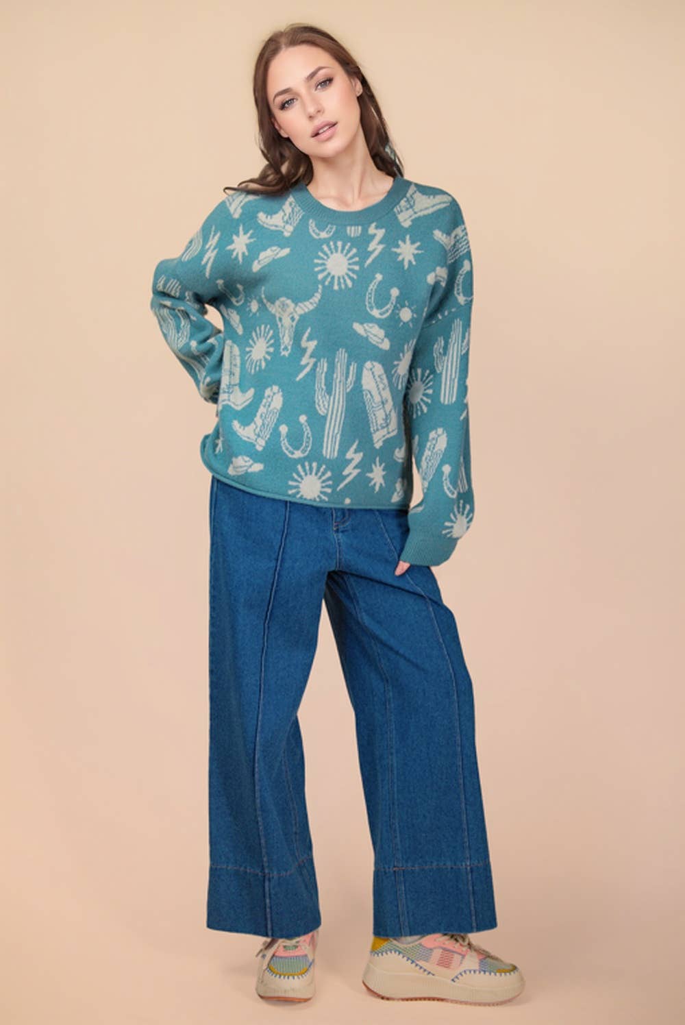 Western Graphic Oversized Knit Sweater Top