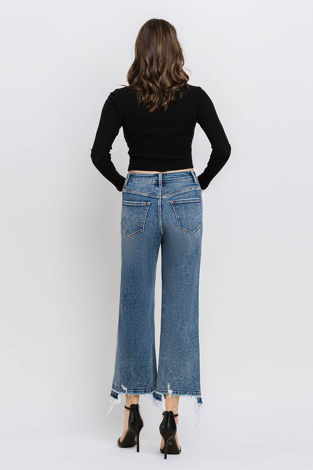 SUPER HIGH RISE UNEVEN RAW HEM CROP WIDE JEANS F5426