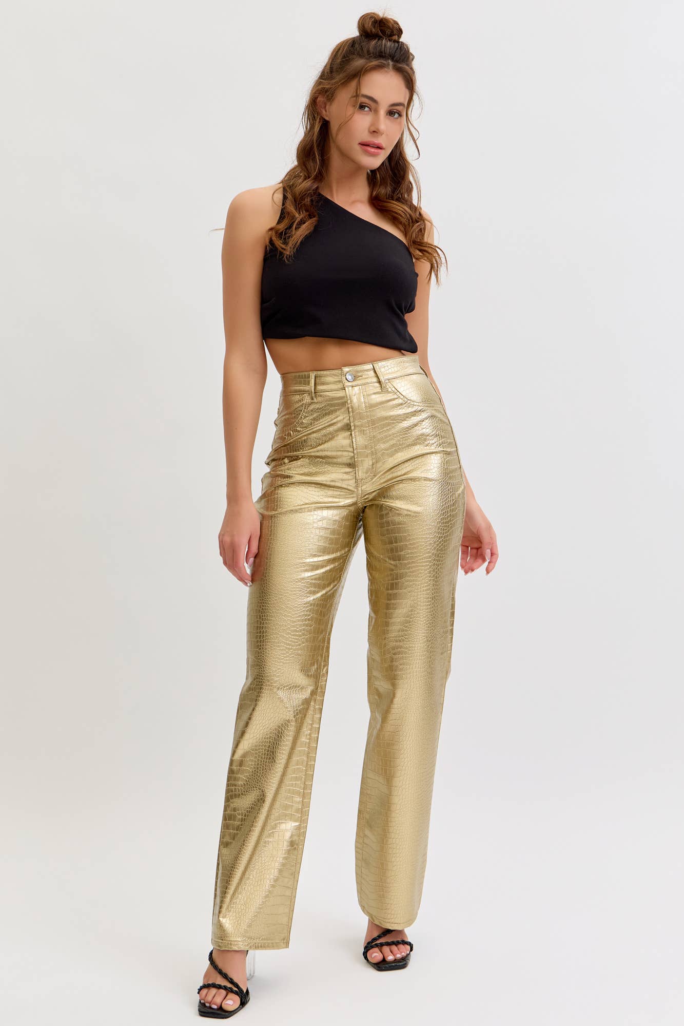 Gold Faux Leather Dad Pant [AM19510RS-GD]