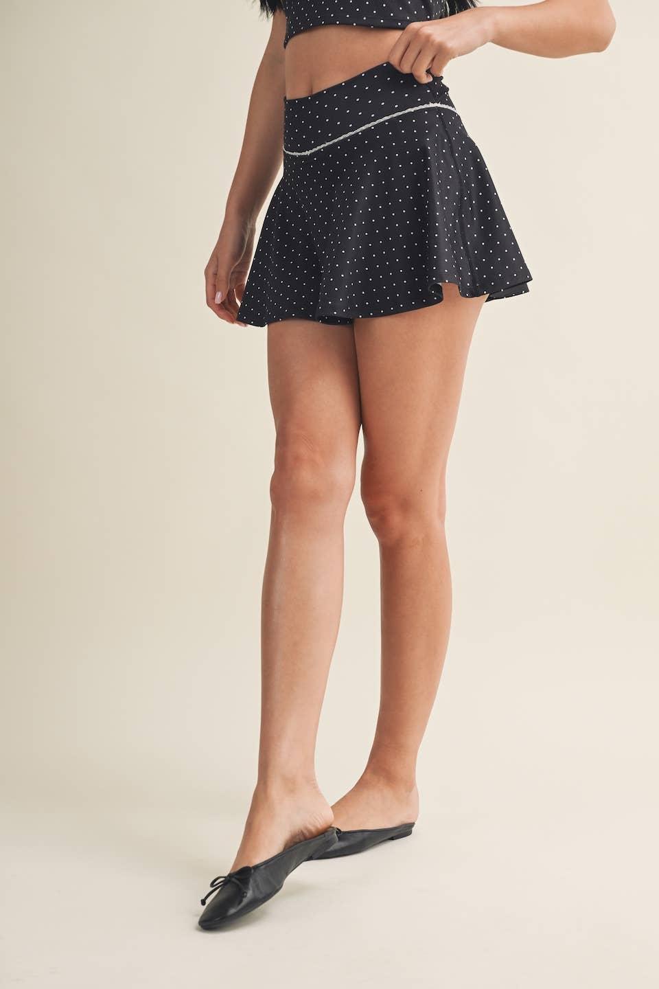 Polka Dot Print Mini Circle Skort with Bow Back and Lace Tri