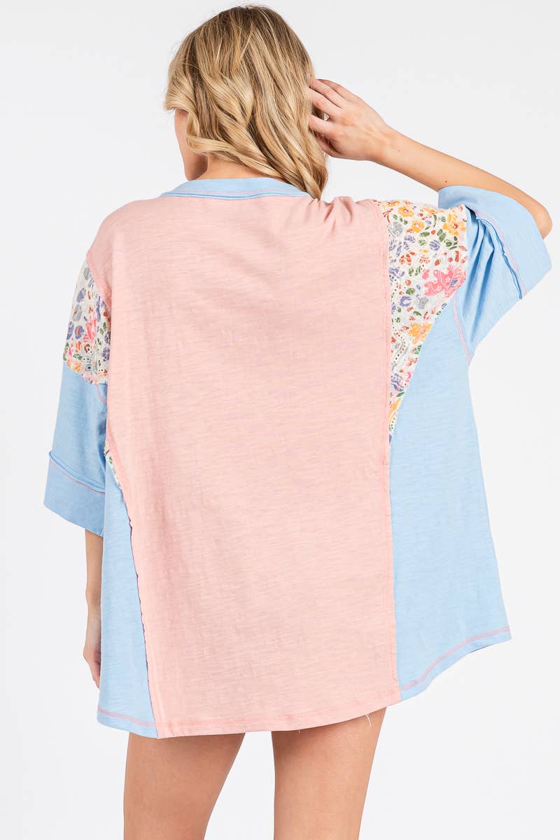 WASHED FLORAL PATCHWORK OVERSIZED CONTRAST TEE