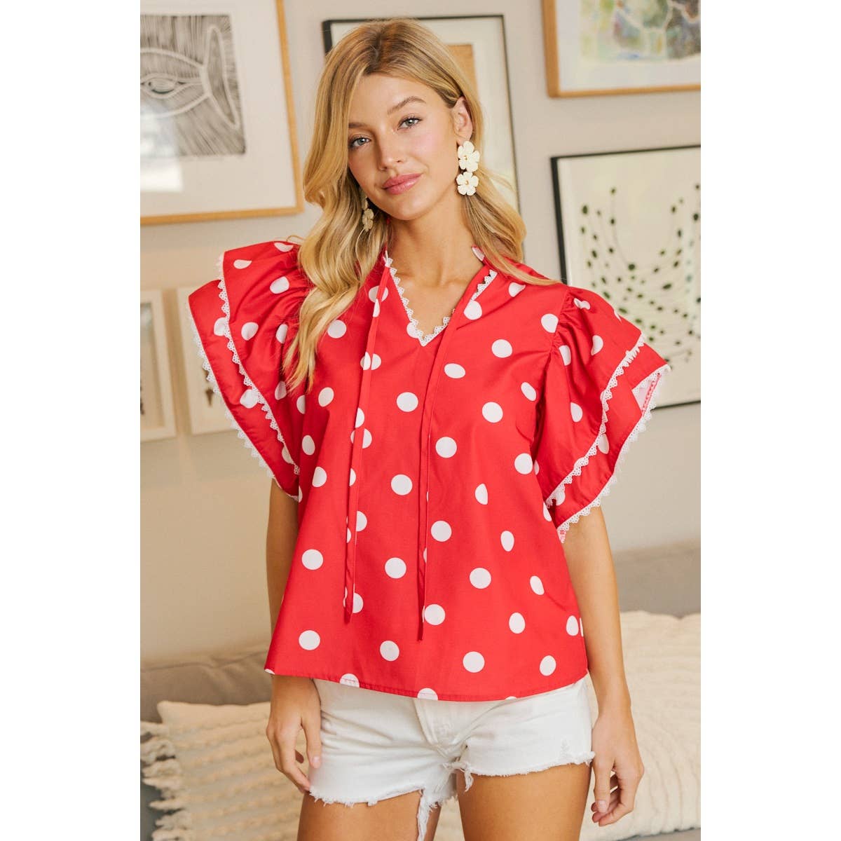 POLKA DOT PRINTED RUFFLE TRIM EDGE BLOUSE TOP