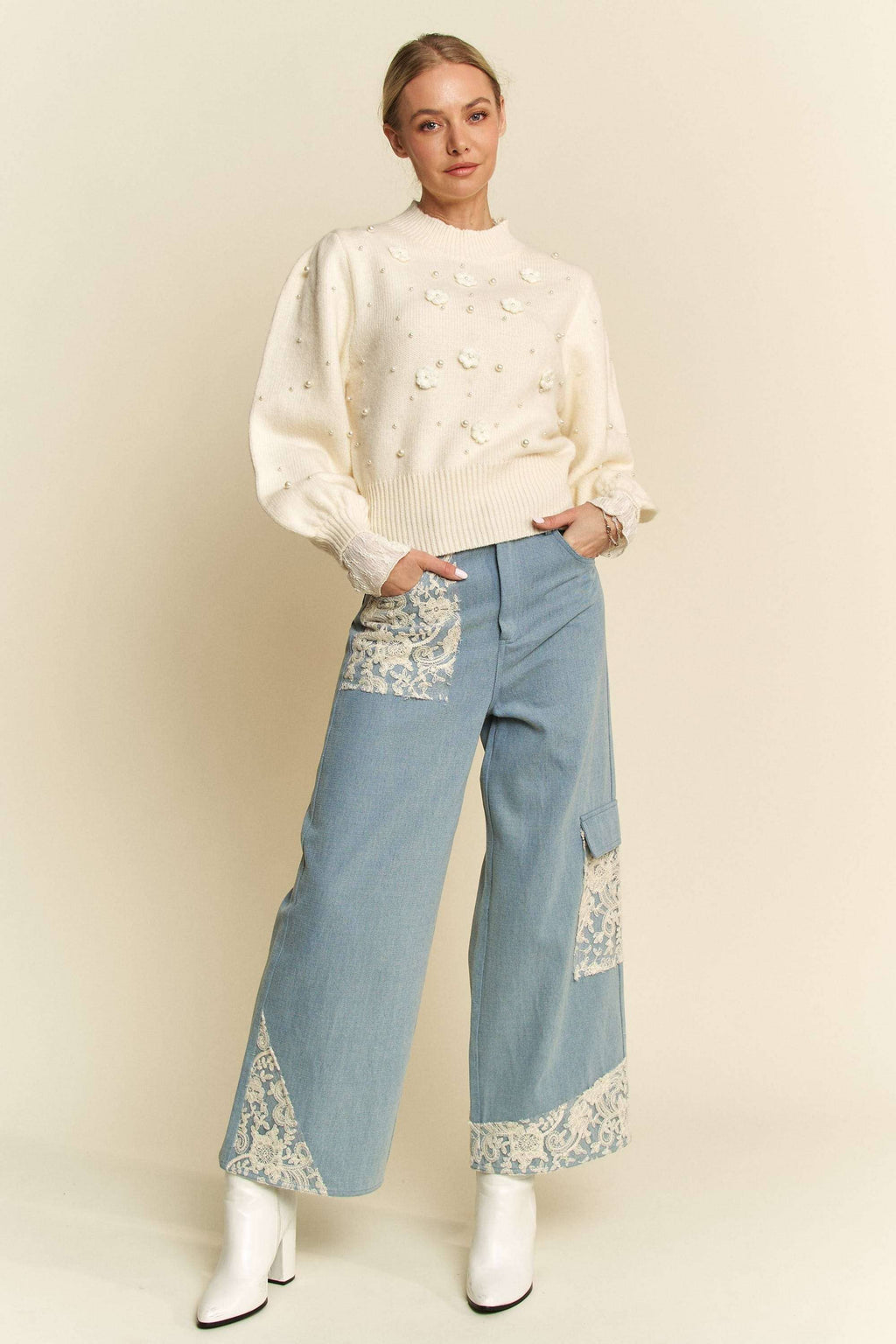 WIDE LEG DENIM PANTS WITH LACE APPLIQUE DETAILS