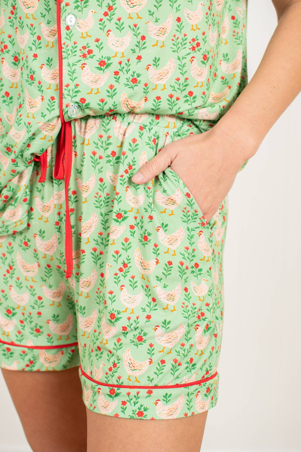 Green Chickens & Blooms Adult Bamboo Pajama 2-Piece Set