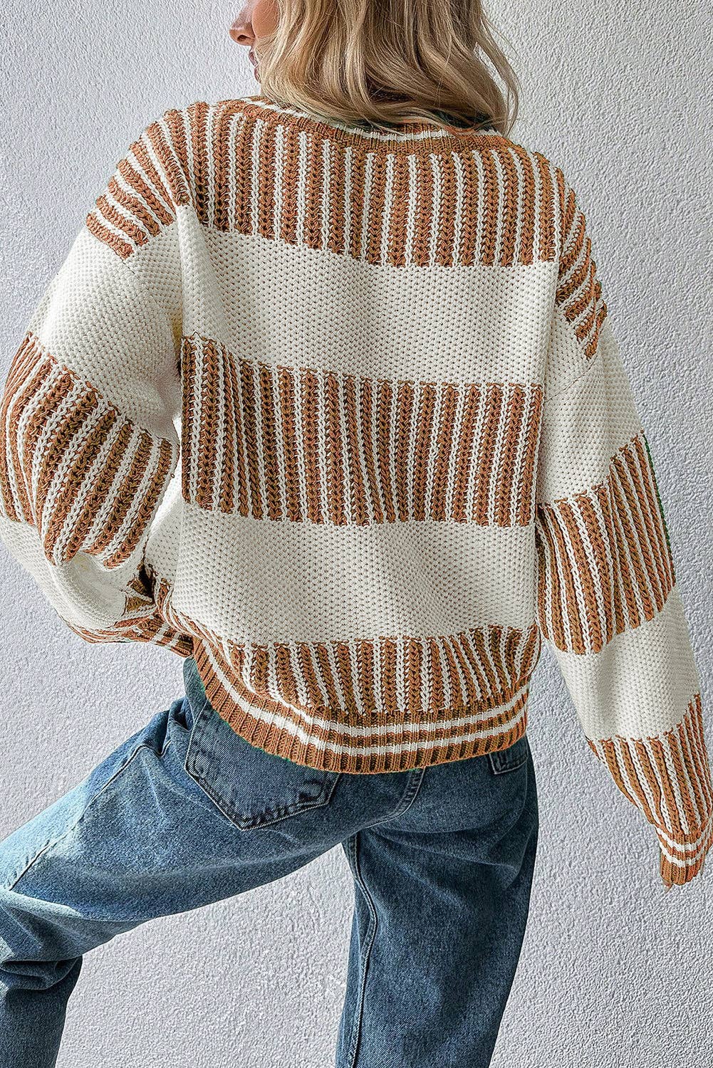 Two Tone Striped Patchwork Drop Shoulder Loose Sweater