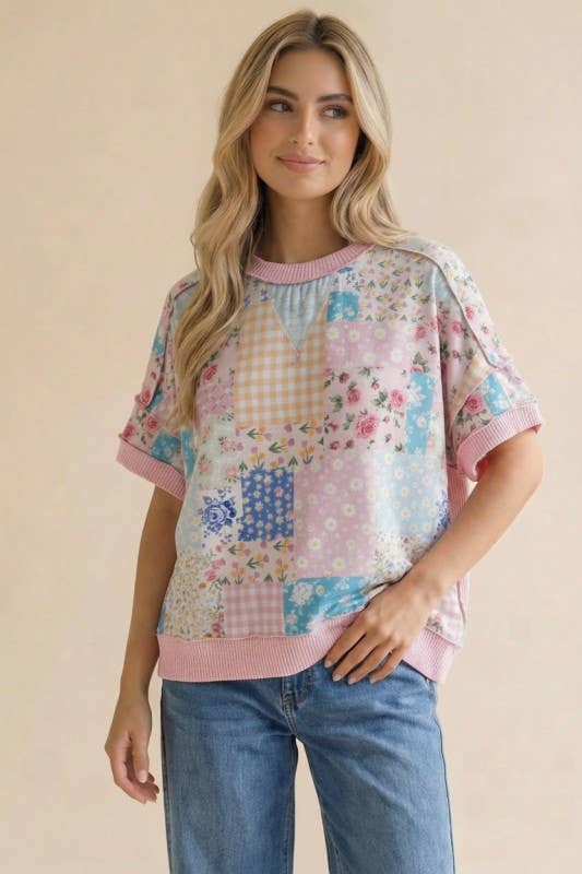 Plus Floral Patchwork Top With Triangle Detail