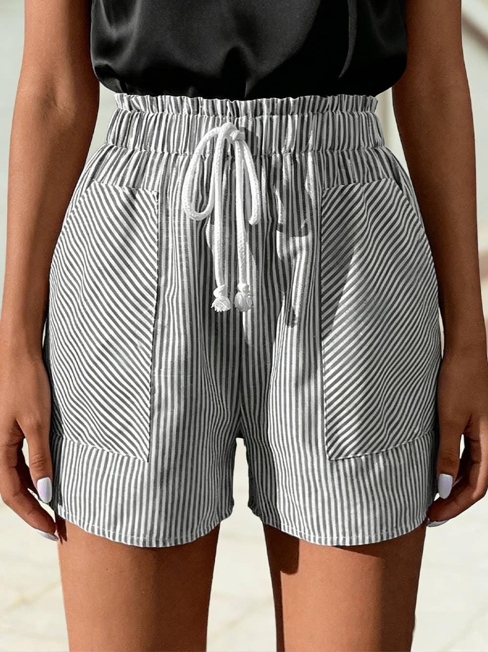 Casual High-Waisted Striped Shorts with Lace-Up Detail
