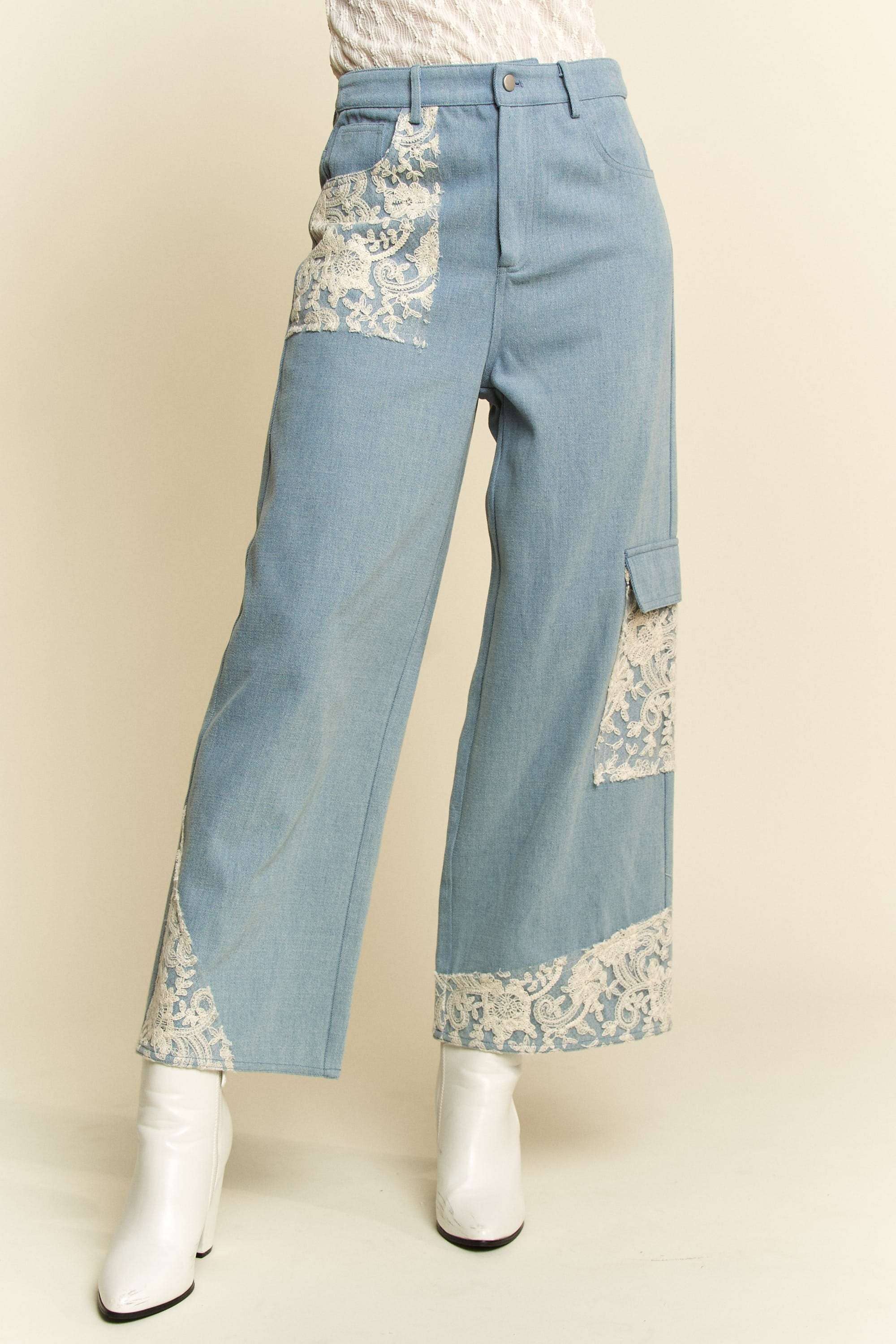 WIDE LEG DENIM PANTS WITH LACE APPLIQUE DETAILS