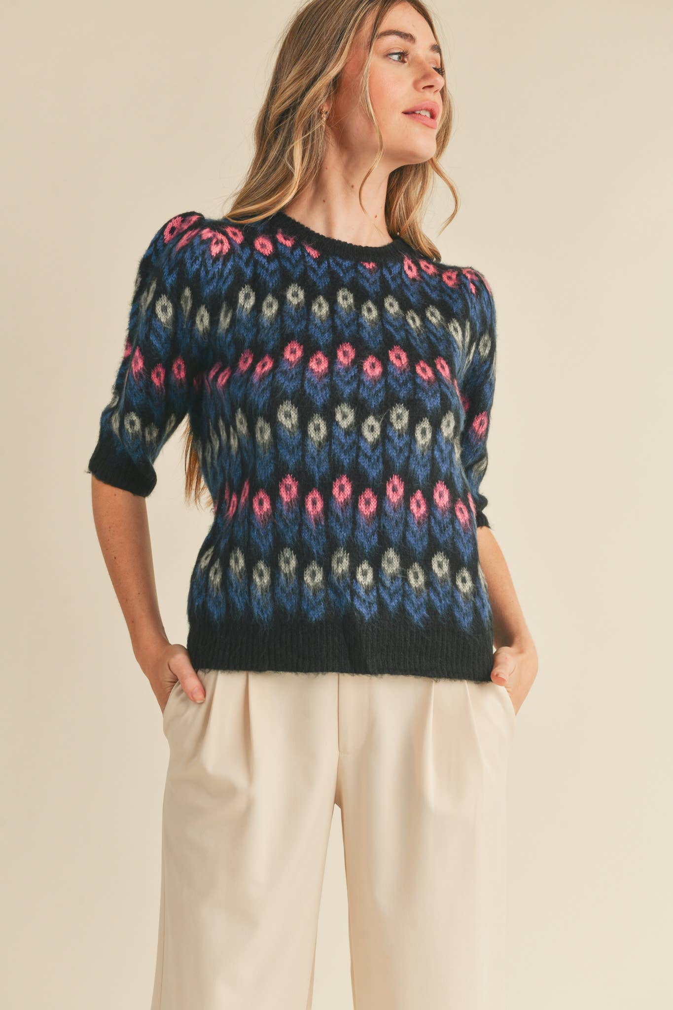 FLORAL KNIT SHORT PUFF SLEEVE SWEATER TOP