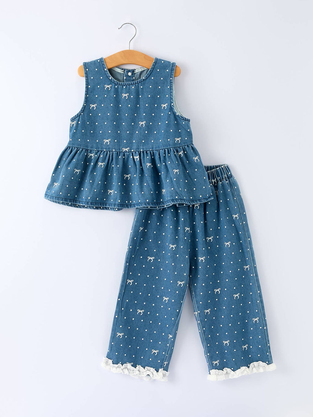 Spring Bow Dot Denim Ruffle Top and Pants Set 3/4 Pants