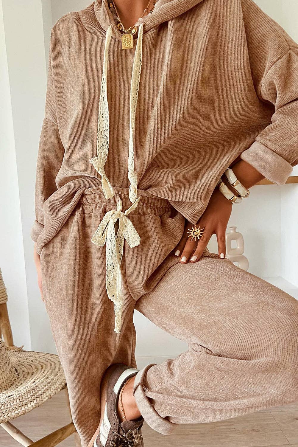 Parchment Leopard Drawstring Pullover Hoodie and High Waist Pants Corduroy Suit