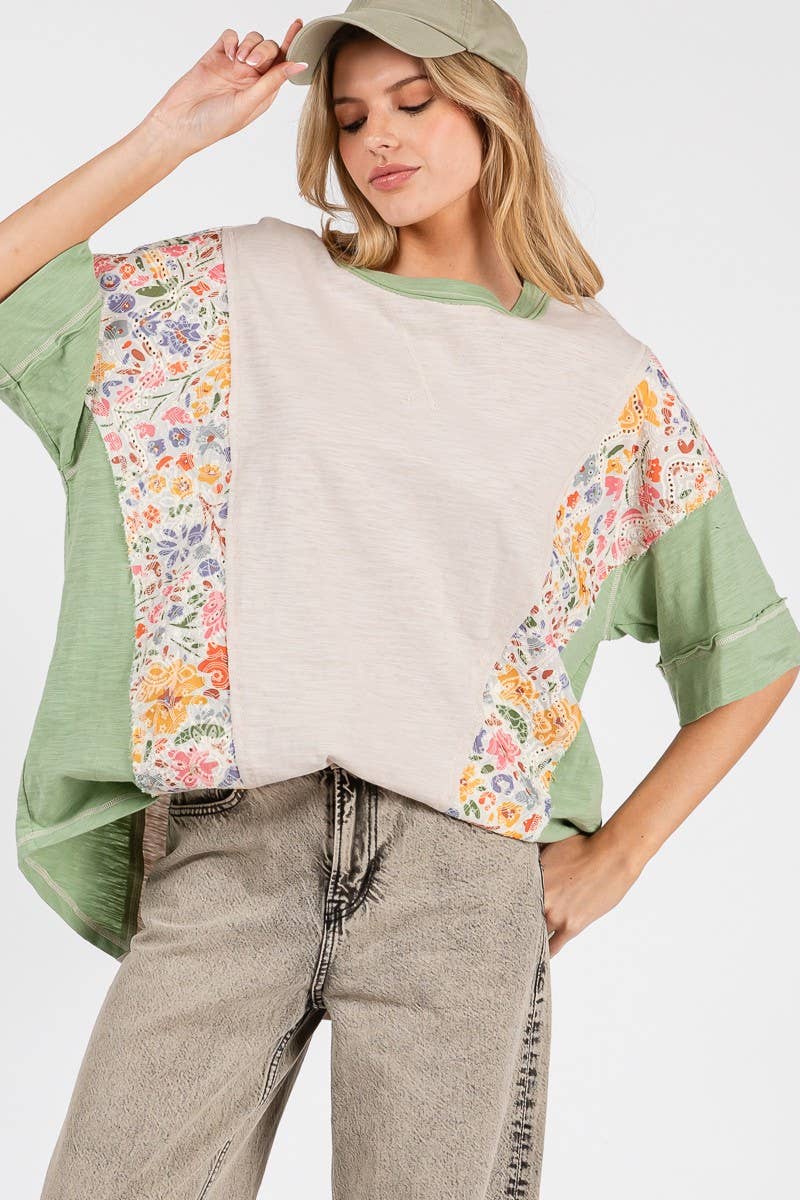 WASHED FLORAL PATCHWORK OVERSIZED CONTRAST TEE