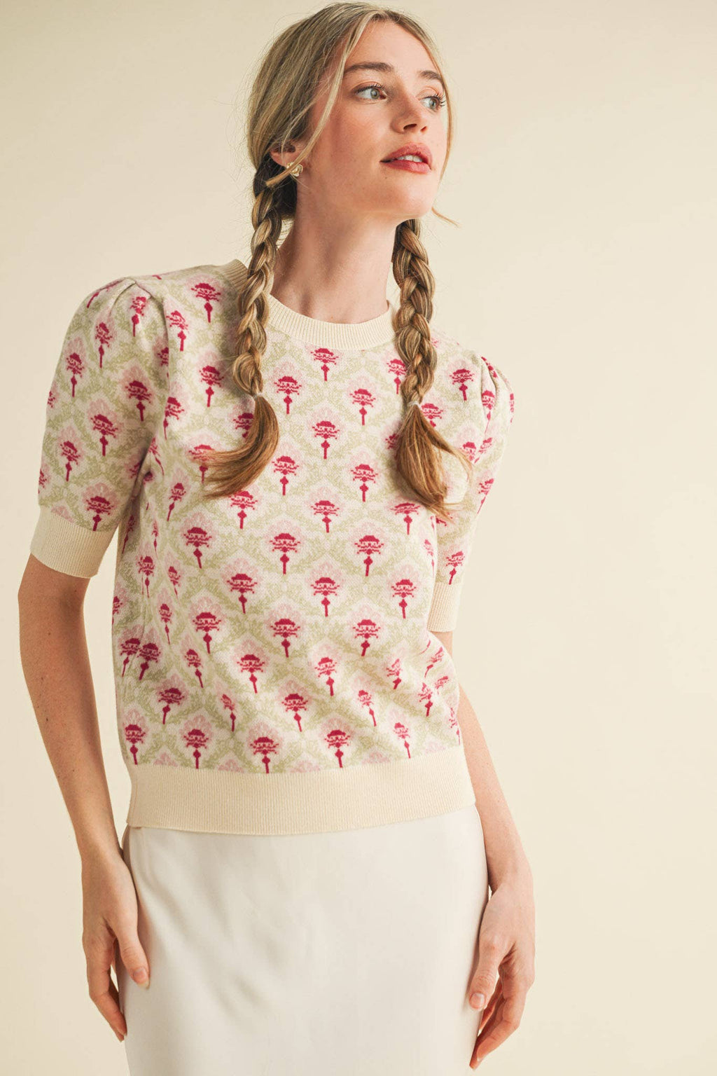 FLORAL PATTERN SHORT SLEEVE SWEATER
