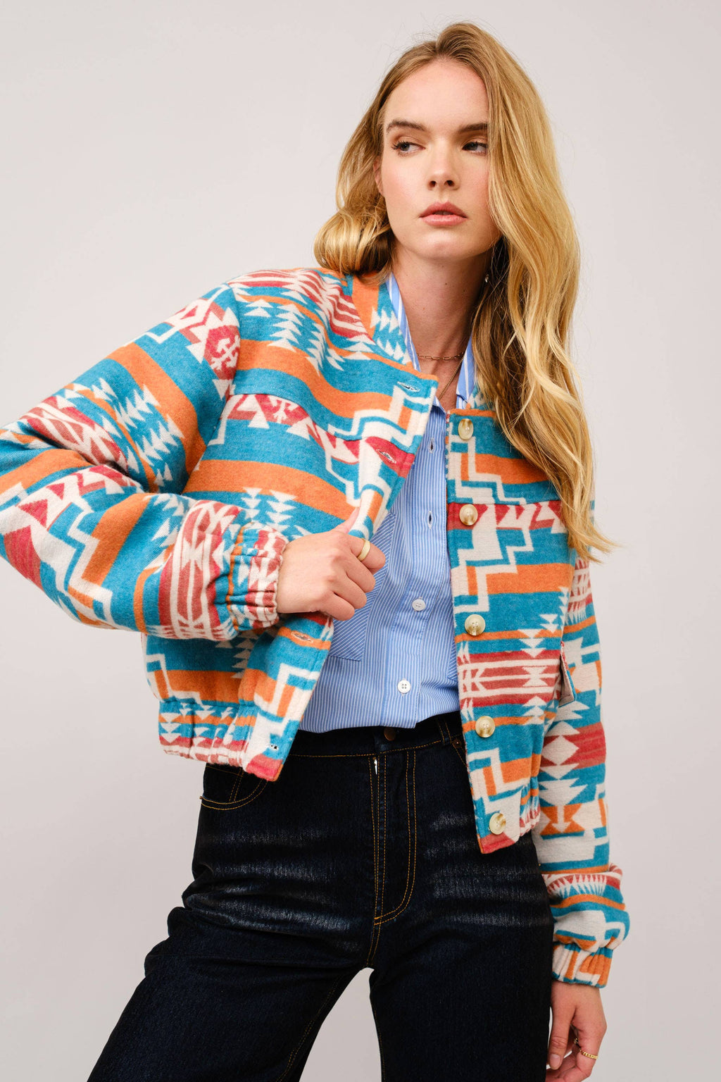 Jacquard Aztec Snap Up Bomber Jacket