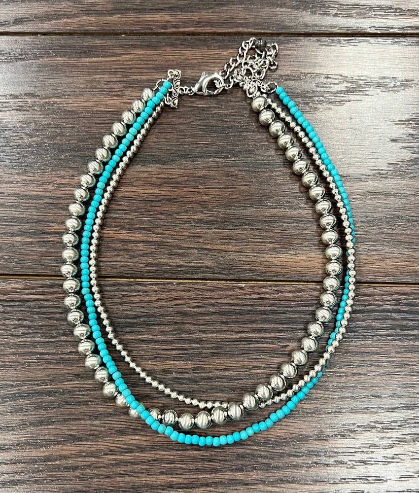737783, Handmade 16" 3-strand Silver Navajo Bead Necklace