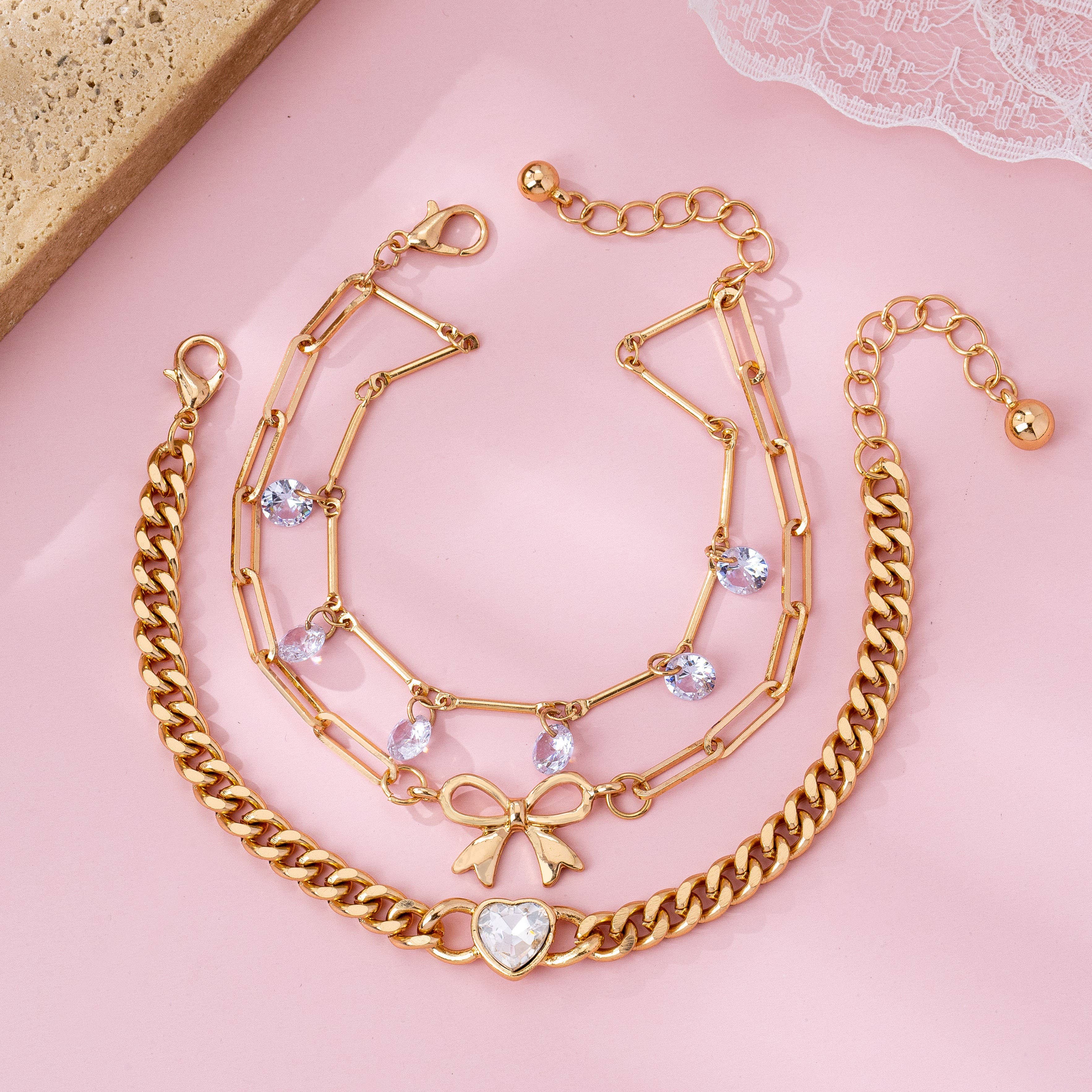 Bow & Crystal Heart Charm Layered Bracelet Set