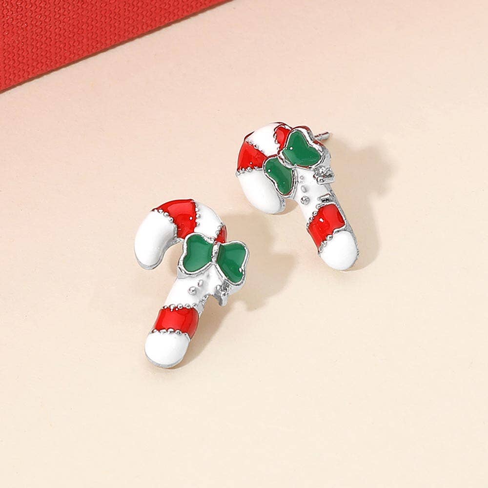 Enamel Christmas Candy Cane Stud Earrings