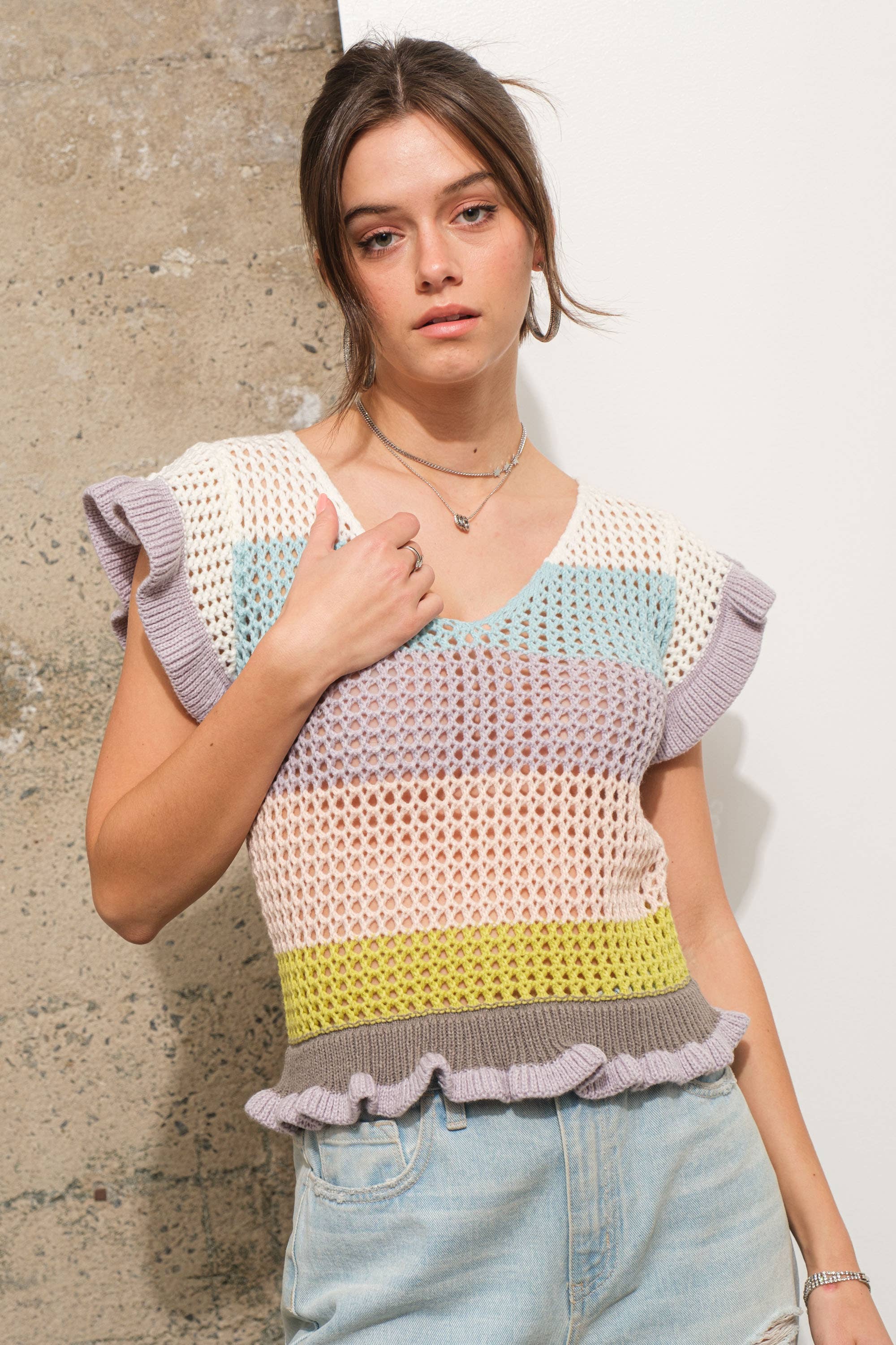 Crochet Knitted Multi Stripe Ruffle SLV Sweater Top