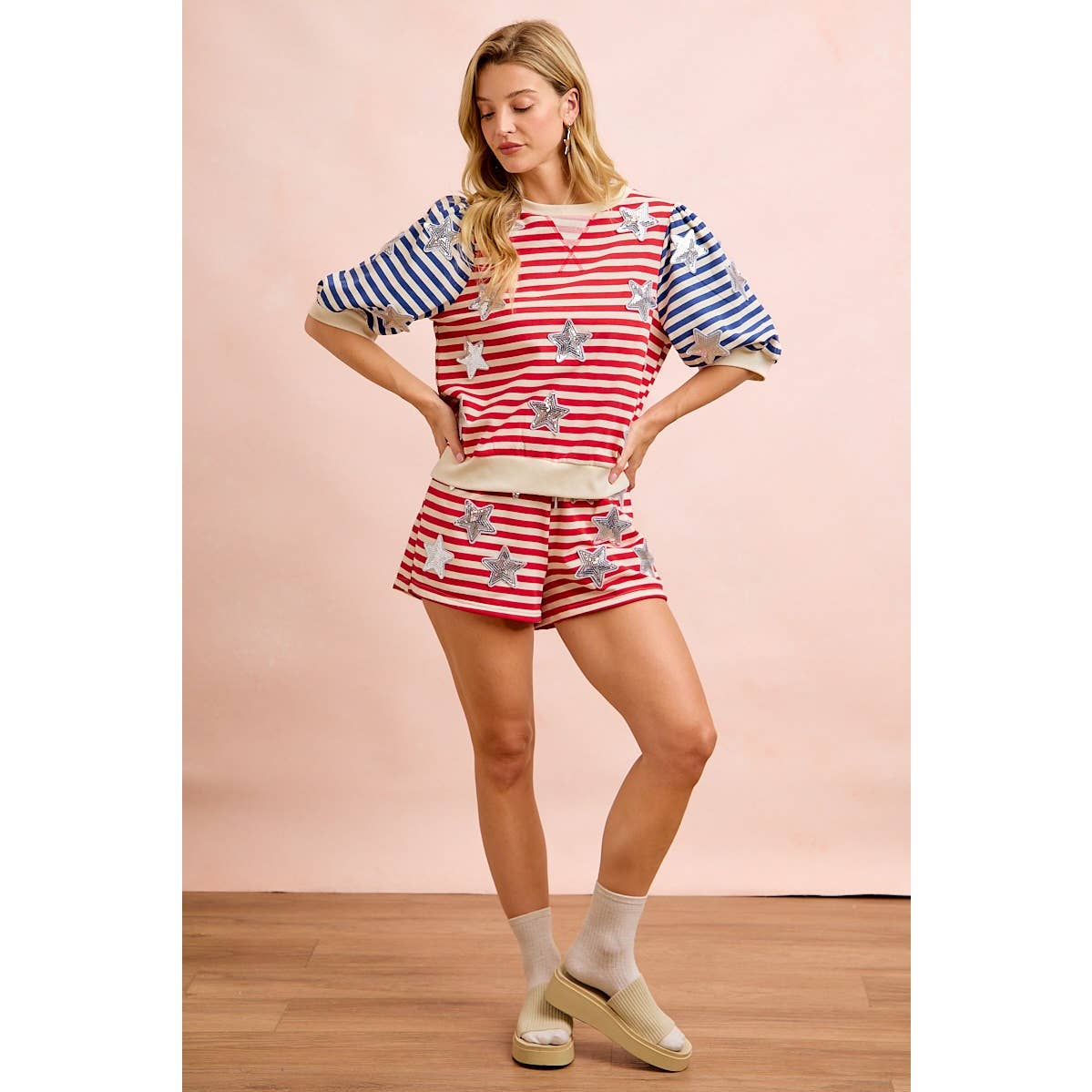 4TH OF JULY STRIPE STAR SEQUIN PATCH SHORT SLEEVES TOP