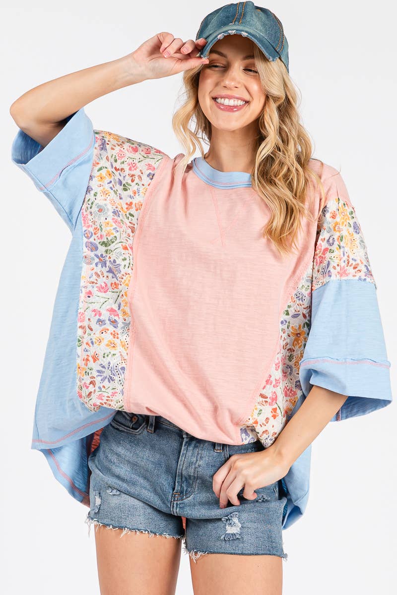 WASHED FLORAL PATCHWORK OVERSIZED CONTRAST TEE