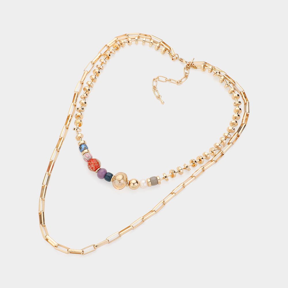 Pearl Multi Bead Accented Double Layered Bib Necklace