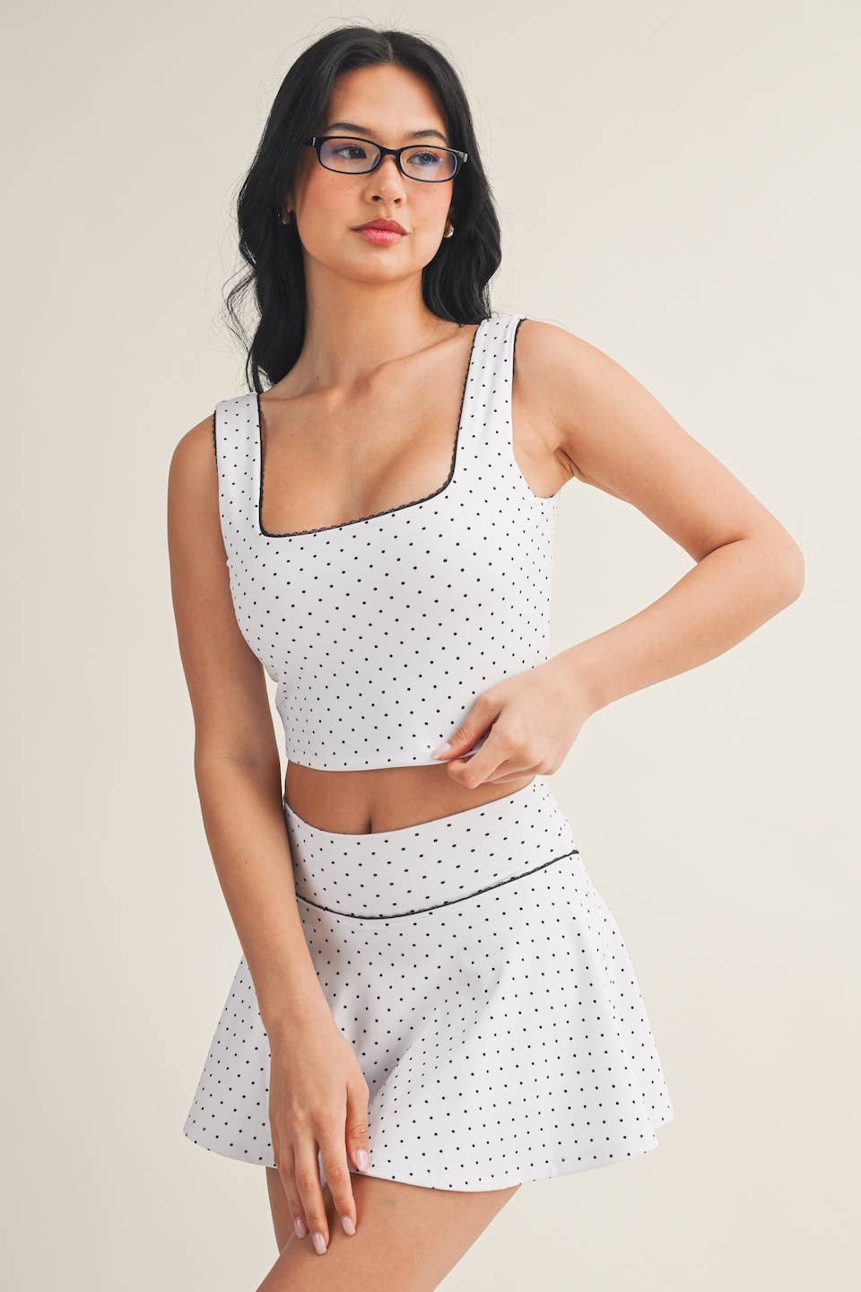 Polka Dot Print Crop Tank with Lace Trim