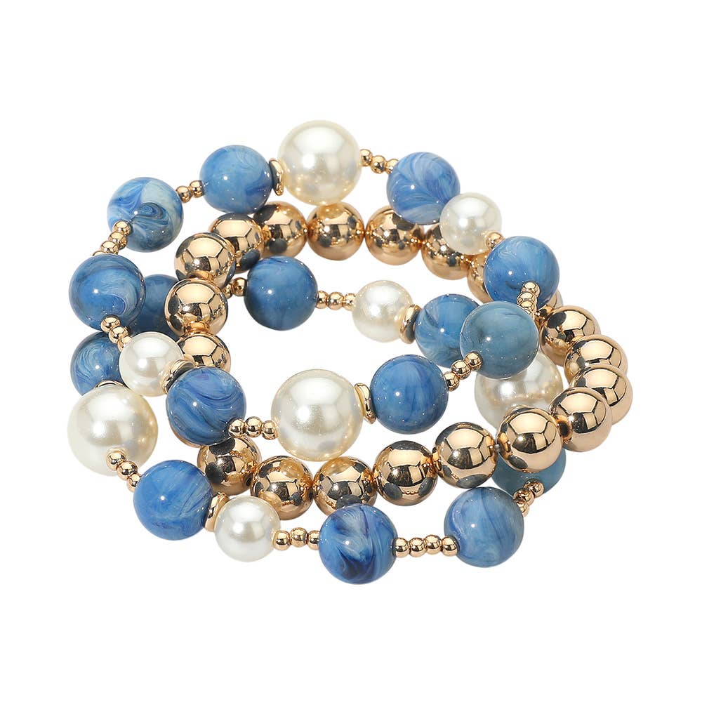 3PCS - Round Pearl Mixed Beaded Stretch Multi Layered Bracelets